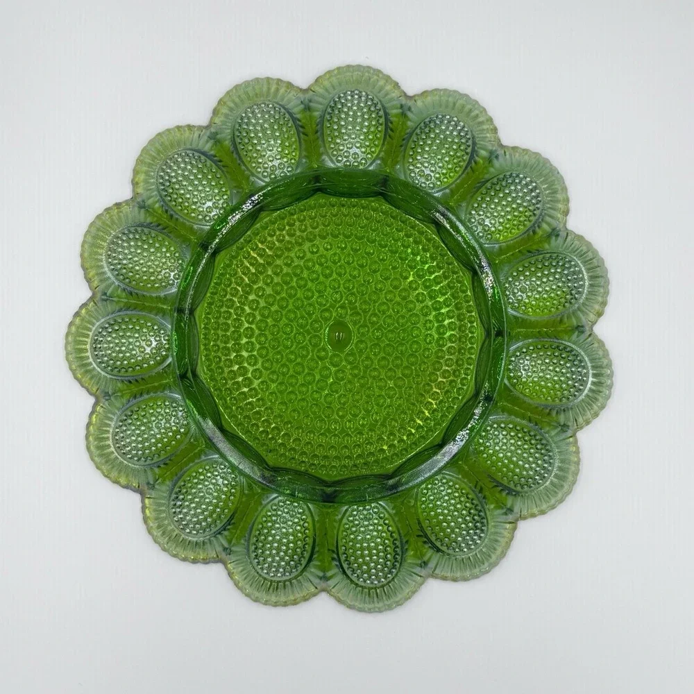 Vintage Indiana Glass Deviled Egg Plate Carnival Green Hobnail 11